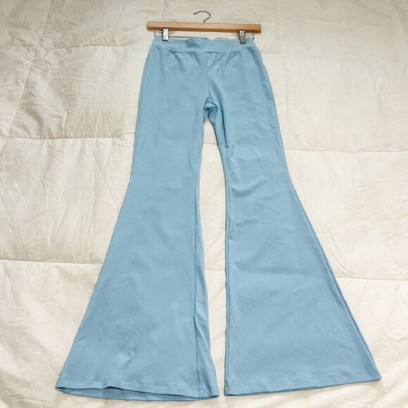 NWT Shein Sky Blue Flare Pants Ribbed High Waist Stretch Leggings Size Small - Picture 7 of 7